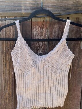 Beige Crochet-Trim Ribbed Knit Cami Top